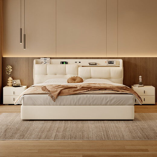 Dongxiong Light Luxury Leather Bed Modern Simple Multifunctional Master Bedroom Double Bed with Drawer Storage Bedroom Soft Leather Bed Imported Cowhide/Encrypted Silent Rib Frame 1800mm*2000mm Electric Translation Storage Structure