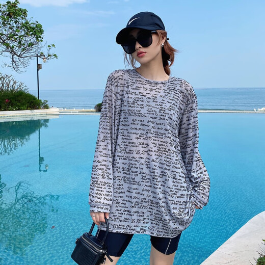 Ann and Luo Shiqi sports large size swimsuit women's long-sleeved blouse split three-piece set loose fat mm covering the flesh and slimming hot spring 200Jin [Jin equals 0.5kg] gray 2XL (130-145Jin [Jin equals 0.5kg])