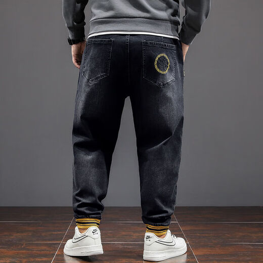 Fei Shimi Autumn New Fashion Brand Elastic Small Foot Jeans Fat Loose and All-Match Pants Elastic Waist Fat Pants 300 Jin [Jin equals 0.5 kg] Black 9901 XL 1 (130-150 Jin [Jin equals 0.5 kg])