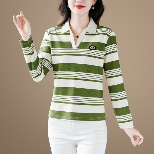 Fangluyu long-sleeved T-shirt for women in spring and autumn new middle-aged mother high-end cotton lapel POLO shirt casual T-shirt loose T-shirt 6636 black and white one size XL recommended to wear 110-119Jin [Jin equals 0.5 kg]
