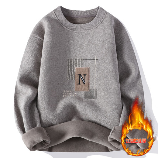 2024 neuer Herbst- und Winterpullover für Männer runden Nacken und Samt verdickter Pullover für Jugendliche warme langärmlige T-Shirt Stickerei M702 Khaki plus Samt 3xl 160-180jin [Jin gleich 0,5 kg]