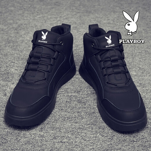 Playboy Shoes Men's Shoes 2025 New High Top Autumn and Winter Velvet Business Leather Shoes Men's Martin Boots Sports and Leisure Shoes Black 41
