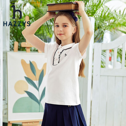 HAZZYS brand children's clothing for girls summer new style elastic breathable simple slimming classic lapel short-sleeved polo shirt navy 130