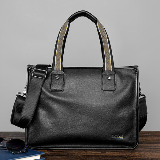 
COW briefcase men's head layer cowhide men's handbag large capacity genuine leather bag C-8621 elegant black 14 inches
