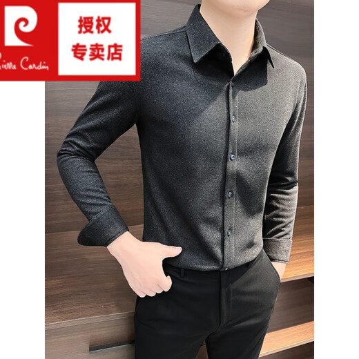 Pierre Cardin woolen shirt men's long-sleeved 2025 autumn and winter warm high-end business long-sleeved shirt men's winter dark gray 3XL recommended 160Jin Jin equal to within 0.5 kg