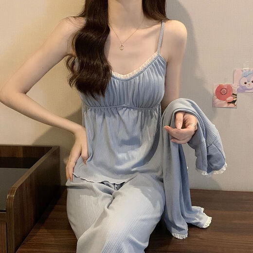 
Catman four-season pajamas for women pure cotton 2025 new pure and sweet style with chest pad simple blue three-piece set 831 mist blue chest pad removable XL Recommended 110-125Jin [Jin equals 0.5 kg]