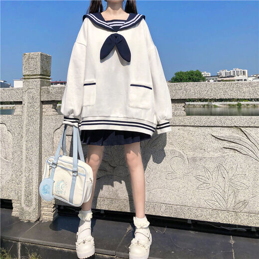 蓝骏启日系可爱兔耳朵圆领风宽松卫衣女蝴蝶结长袖秋装套头上衣学生 白色 757（薄款） M （建议60~80）