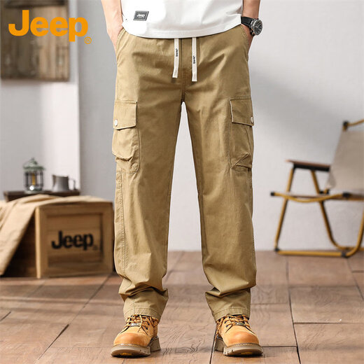 Jeep (JEEP) overalls men's autumn and winter casual pants men's loose trendy pure cotton straight-leg men's pants Khaki XL