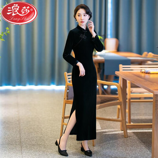 LangSha improved cheongsam autumn and winter plus velvet and thickened gold velvet 2024 new temperament noble dress for mother-in-law wedding banquet mother red 2XL suitable for 120-130Jin Jin equals 0.5 kg