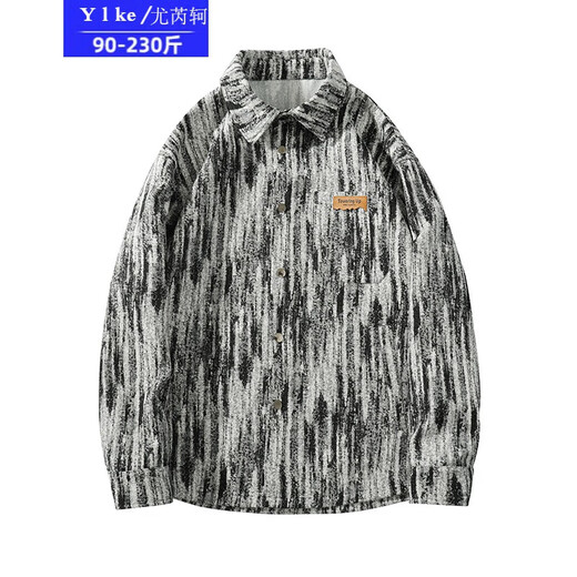 Vous ruike gras 230jin [Jin est égal à 0,5 kg] de grande taille Tiktok automne de grande taille de grande taille de teinture rétro veste de travail imprimée masculine de veste décontractée A001-J683 Black Plus Fleece 2xl costume (160-170jin [Jin est égal à 0,5 kg]))