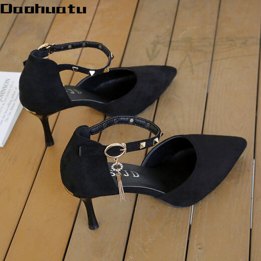 Daohuatu Large Size Baotou Sandals Women's Thick Heels 41-43 Fairy Style High Heels Pointed Toe Versatile Suede One-Buckle Women's Single Shoes Black Thick Heels Upgraded to Standard Size 34