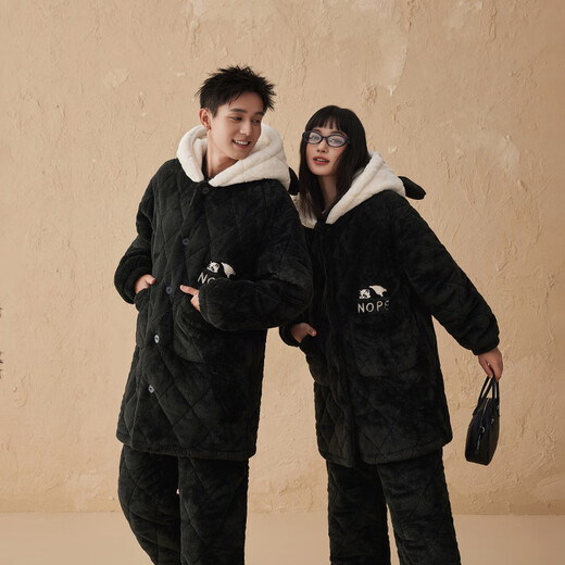 Kissing cat cartoon hooded warm velvet couple quilted pajamas for women winter three-layer thickened men's suit home clothes 188 jet black male L
