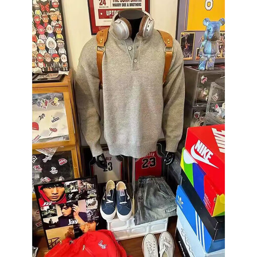 She Manlai cleanfit Henry collar sweater men's 2024 autumn and winter new solid color American style inner pullover sweater men's light gray M