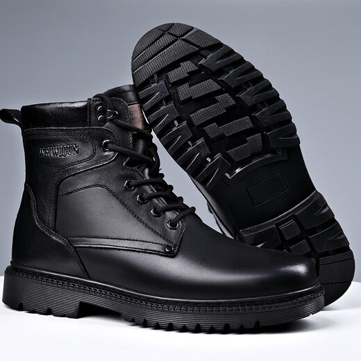 BRIONI马丁靴男士真皮羊毛保暖棉靴高帮头层牛皮工装户外加厚雪地 3518黑色(羊毛款) 38