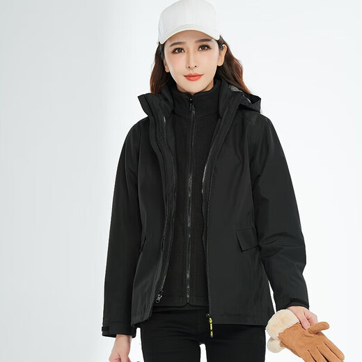 BRELRMON韩版冲锋衣女男防风户外防寒三合一保暖可拆卸滑雪登山服夹克外套 HS12805曜石黑-女 S
