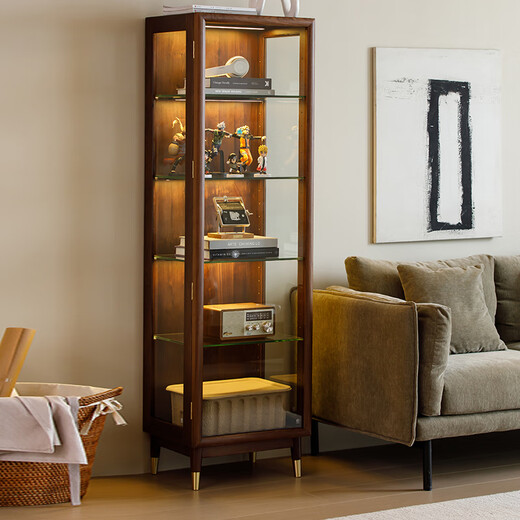 Fu Sen all solid wood display cabinet North American black walnut wine cabinet glass door storage cabinet living room home bookcase TV side cabinet all North American black walnut + (light strip) 50*40*170