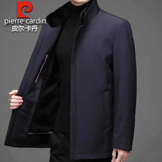 Pierre Cardin high-end business mink fur stand-up collar nikon men's rabbit fur detachable liner fur one-piece fur jacket navy blue mink sweater collar + rabbit fur liner 2XL 185