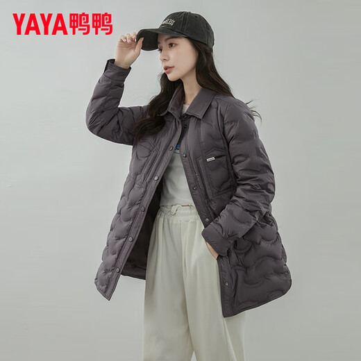 YAYA Lightweight Down Jacket Women's Mid-Length 2023 Winter New Fashion Korean Style Shirt Collar Slim Warm Jacket YZ Muyun Gray S (155)