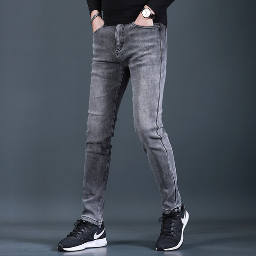 
Fan Litai autumn and winter plus velvet thickened smoke gray jeans for men slim feet fashionable casual simple men jeans long trousers QQ 1049 gray 33