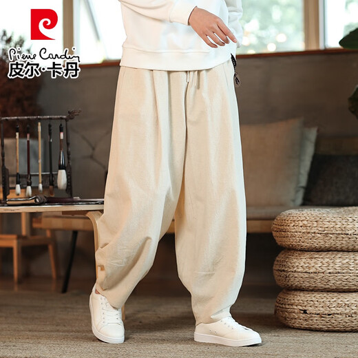 皮尔卡丹（pierre cardin）春秋棉麻灯笼裤男粗腿纯色居家哈伦裤宽松复古麻料裤子大裆休闲裤 黑色 2XL