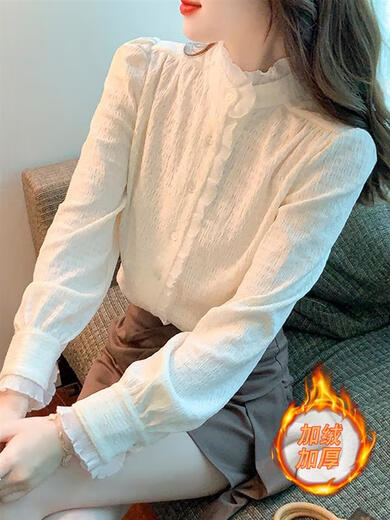 GIOIO standing collar and velvet shirt for women 2025 autumn and winter long-sleeved bottoming shirt with temperament court style chiffon top off white regular L
