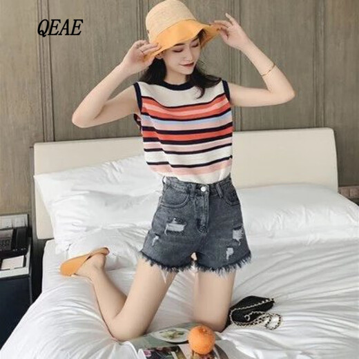 QEAE潮牌彩虹条纹针织小吊带背心t恤女夏季新款外穿打底冰丝无袖上衣 棕色 均码