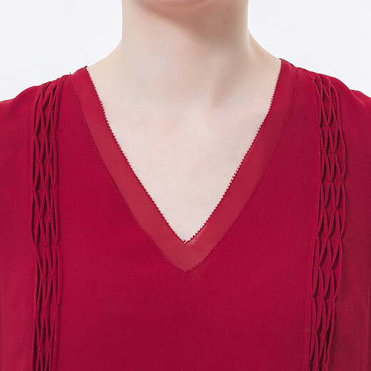 
VOA silk georgette V-neck puff sleeve black ear pleated double-layer asymmetric hem loose T-shirt BE673 Huanxi Sha - burgundy (H38) XL