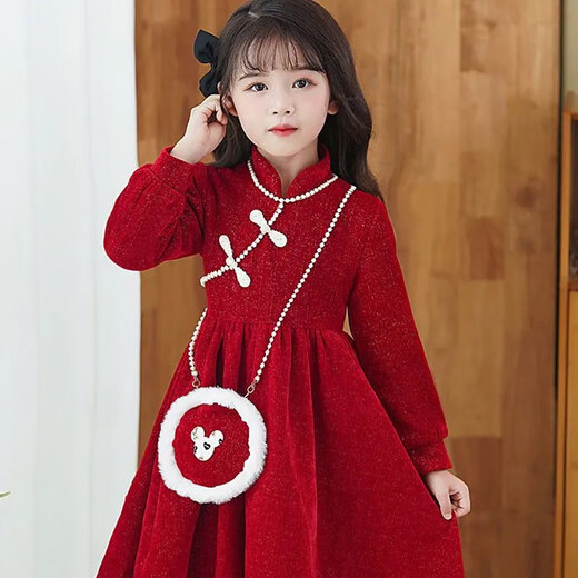 Disney (Disney) Spring Festival New Year Wear 26 New Autumn and Winter Girls Cheongsam Red Dress Velvet New Year Christmas Gift New Skirt Red Velvet Dress (without bag) 120