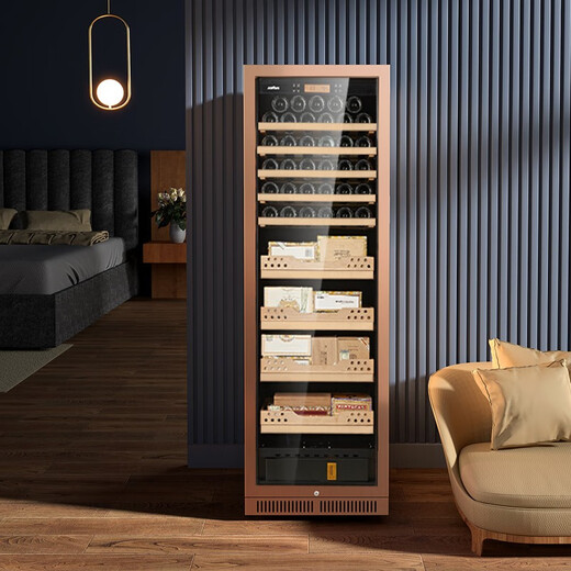 JUSTOWN stainless steel rose gold red wine and cigar integrated cabinet wine cabinet cigar cabinet refrigerated cabinet cigar and wine cabinet humidity adjustable true air cooling 1.63 meters + rose gold + humidity control + 4 trays + fully equipped