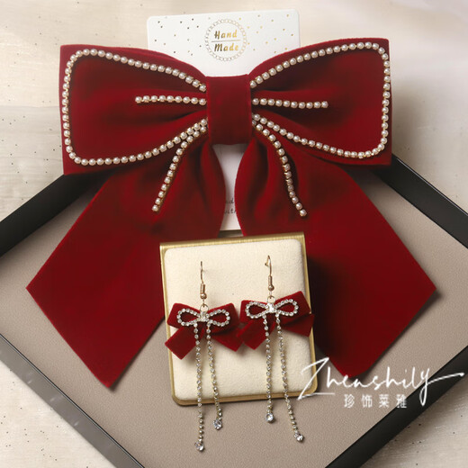 Aimophie Old Phoenix Gold Store Velvet Bow Headdress Bridal Earring Set Women's Wedding Engagement Hair Accessories Simple and Atmospheric 2-Bow Hairpin + 1 Ear Patch