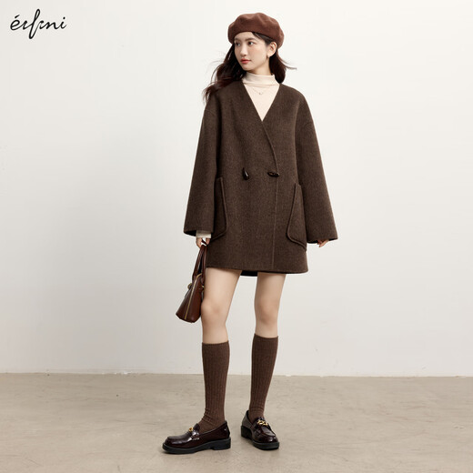 Eifli (eifini) Eifli winter love song atmosphere scarf checked solid color double-sided wool coat 2024 winter new women's jacket Gem brown 165/88A/L