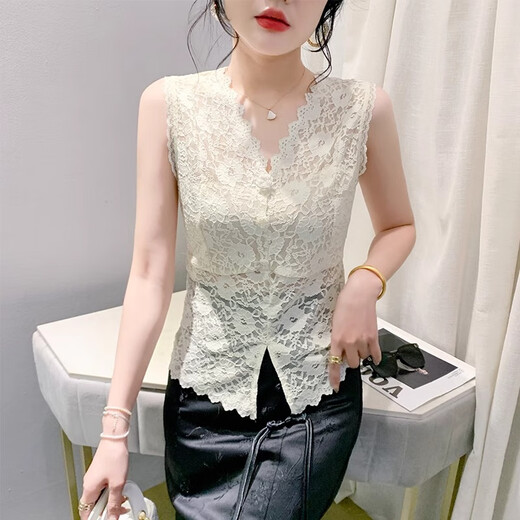 Chaleco de encaje de cuello en V yanxun huecos para mujeres en diseño de verano, el exterior y el interior sin mangas, la camisa delgada y delgada, l Black L