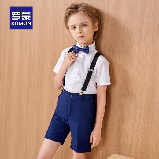 罗蒙儿童背带礼服套装男童礼服钢琴演出服中大童英伦风 藏青套装 160