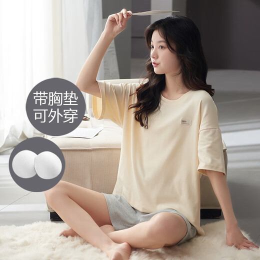 浪莎带胸垫睡衣女士夏季短袖薄款纯棉家居服女夏天全棉可出门外穿套装 LYSM6210 XL 165-170CM/125-140斤