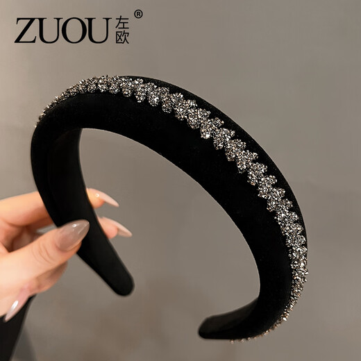 Zuoou hairband for women, high-end, fashionable, wide-brimmed hairpin, black sponge hairpin, velvet rhinestone headband, hair hole headdress, black