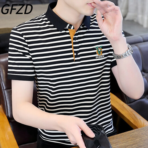 GFZD Light Luxury High-классная мужская одежда, летняя полосатая футболка, мужская вышивка для бизнеса, универсальная тонкая футболка с воротником с тонкими воротничками.