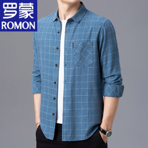 罗蒙（ROMON）纯棉长袖衬衫男春夏季薄款中老年男装格子宽松大码全棉衬衣男 长袖薄款6623绿色 185/3XL建议160-175斤