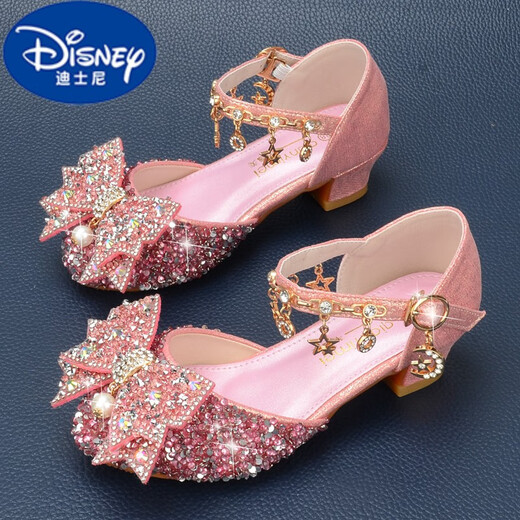 Disney (DISNEY) girls silver princess shoes bag toe bow little girl crystal shoes rhinestone soft sole dress skirt children's high heels silver 9921-7 small heel 32 / shoe length 20cm