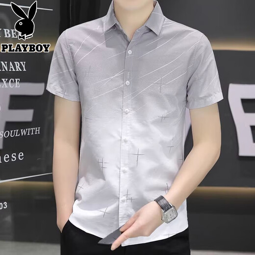 Playboy ice silk short-sleeved shirt men's summer ultra-thin gradient color casual shirt half-sleeved square neck inch shirt handsome men's clothing 846 green L