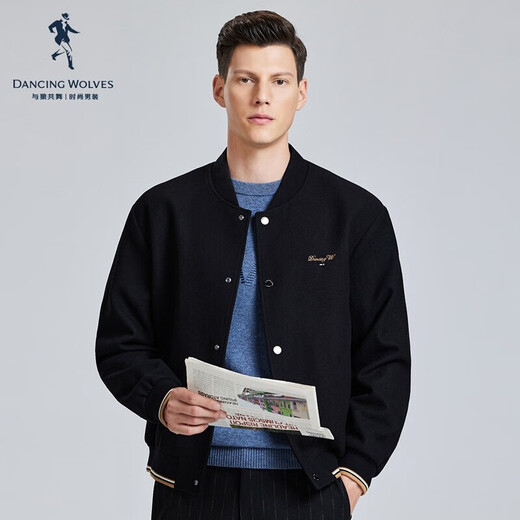 Bailando con la chaqueta lobo de lobo de moda para hombres de moda para hombres contrastante chaqueta bordada bordada collar de béisbol 001 Estilo masico negro 175