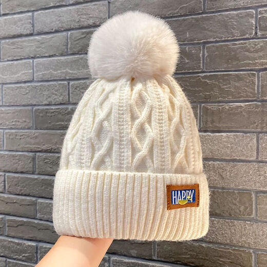 Runhua new hat for children new winter woolen hat warm and velvet thickened white knitted women's fashion versatile ear protection off-white happy