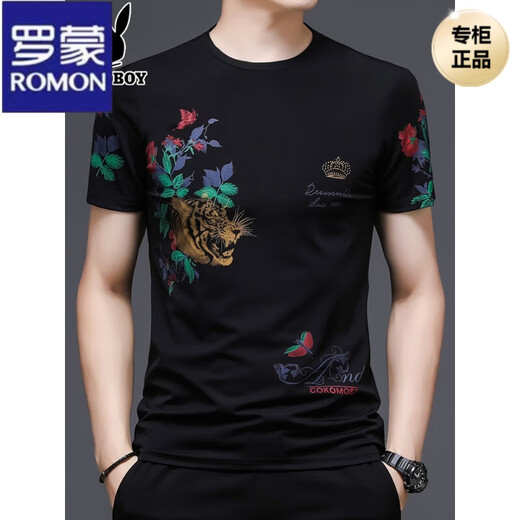 罗蒙（ROMON）高档男士t恤短袖圆领老虎头印花潮流品牌夏装冰丝高端上衣服 829#黑色 170/L