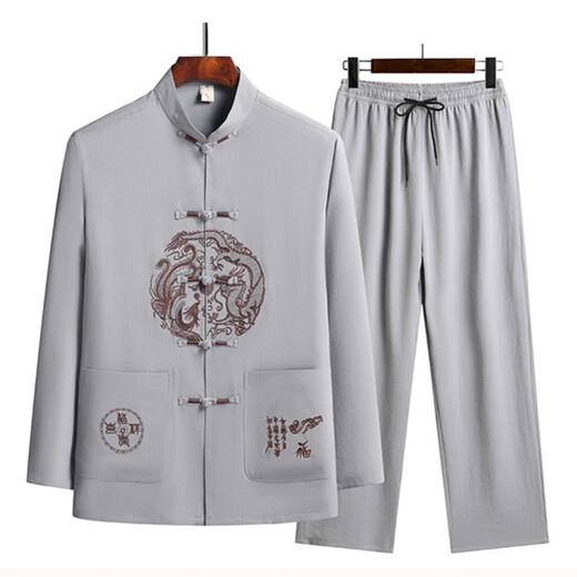青潮尚中国风刺绣套装男中式盘扣衬衫婚礼生日祝寿礼服唐装夹克男两件套 C211红色 XL /41