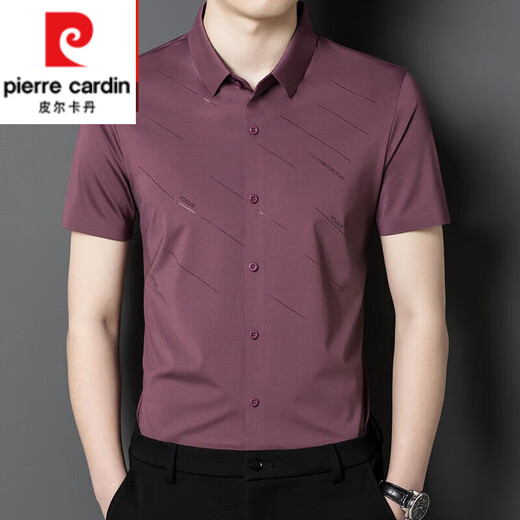 皮尔卡丹（pierre cardin）短袖衬衫男女儿结婚礼服爸爸装中年喜公公婚宴装夏装冰丝半袖衬衣 红色152 XL