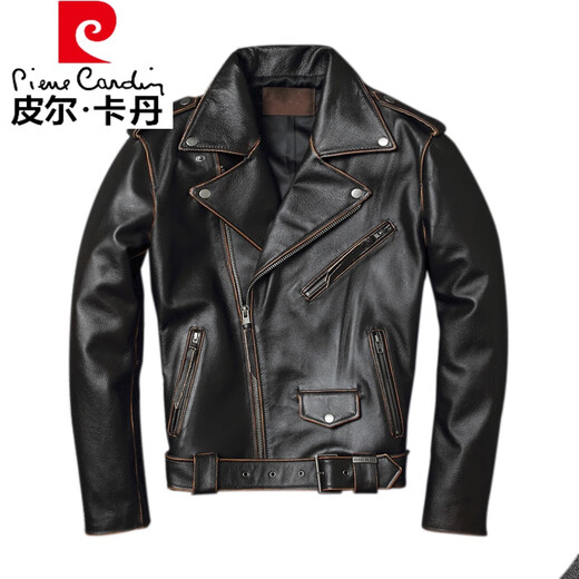 皮尔卡丹高档真皮皮衣男秋短款翻领复古做旧头层休闲机车服夹克外套潮 黑色 XL