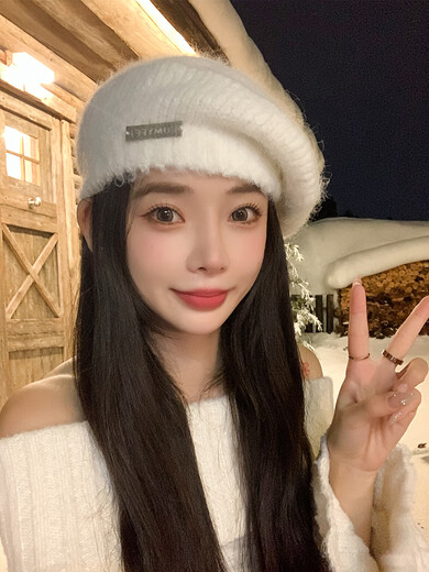 Xingmei Lanfei knitted beret women's autumn and winter plush lazy style painter's hat big head circumference showing face small winter woolen hat camel adjustable