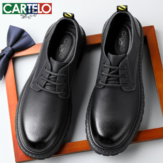 卡帝乐鳄鱼（CARTELO）卡帝乐鳄鱼英伦大头皮鞋男商务休闲男士皮鞋厚底增高鞋9789黑色38