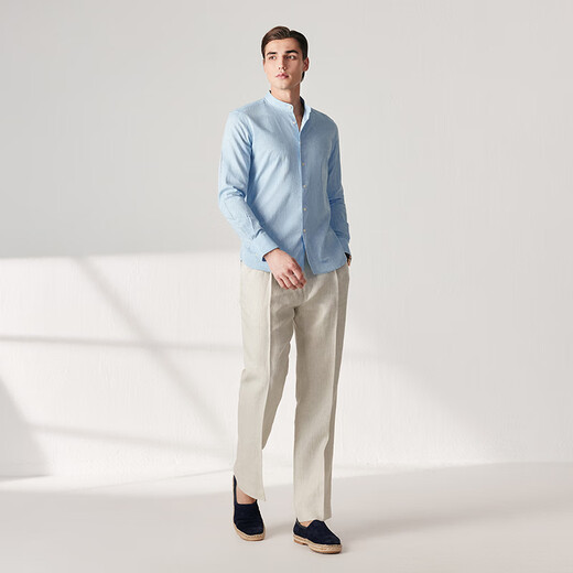 By Creations Bopin spring and summer cotton and linen cool shirt men's Henry collar light business professional commuting formal long-sleeved casual shirt light blue 39