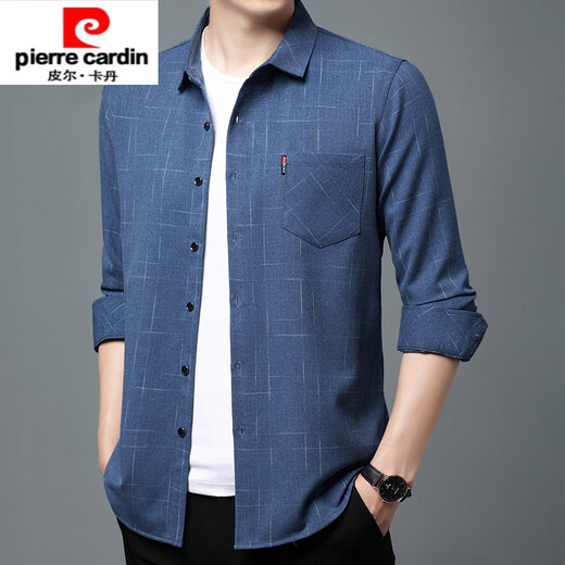 Pier Cardin High-End Pure Cotton Long-Ärmeln Hemd für Männer Frühling und Herbststil echtes Taschenmeister im mittleren Alter losen Lose Hemd für Männer für Männer, dünne 6626 Blau 175/XL Empfehlung 135-145jin [Jin gleich 0,5 kg]