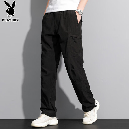 Playboy (PLAYBOY) overalls men's spring and summer loose straight pants men's trendy retractable buckle casual pants dark gray XL